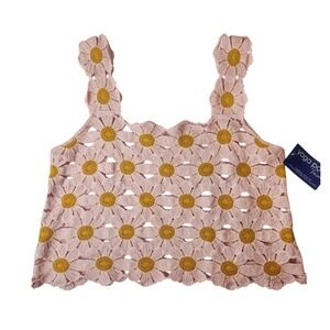 Handmade Crochet Daisy Crop Top L/XL Pink Yellow Cottagecore Boho Festiv Retro